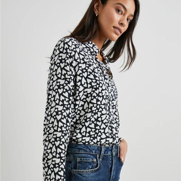 Rails Kathryn Button Up Shirt Women's XS Black/White Heart Print Collared L/S - Picture 6 of 8